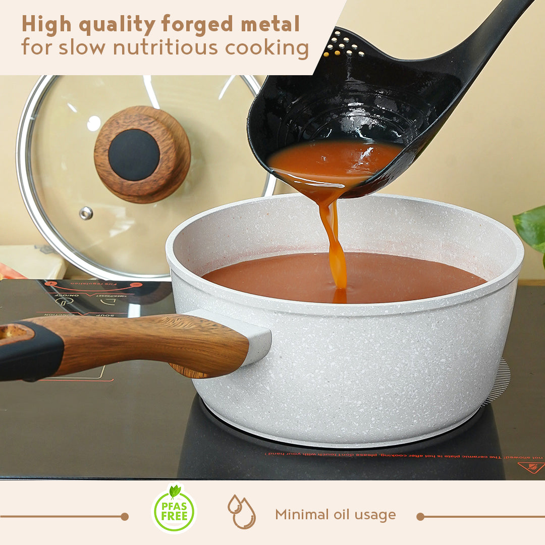 Bergner Naturally Forged Aluminum 18cm (1.7 Litres) Saucepan with Glass Lid, Non-Stick Marble Coating, Comes with Non-Woven Trivet - Induction Bottom