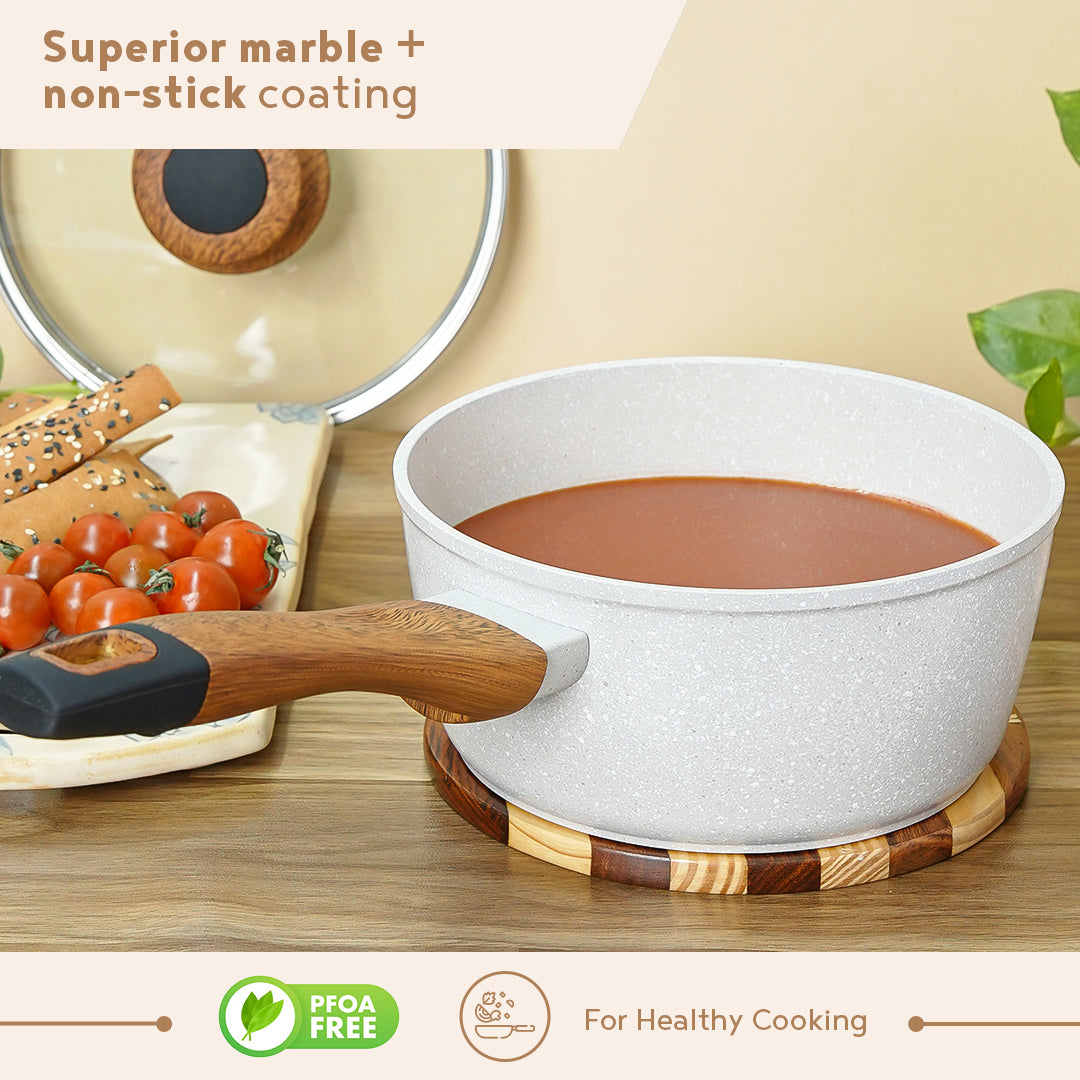 Bergner Naturally Forged Aluminum 18cm (1.7 Litres) Saucepan with Glass Lid, Non-Stick Marble Coating, Comes with Non-Woven Trivet - Induction Bottom
