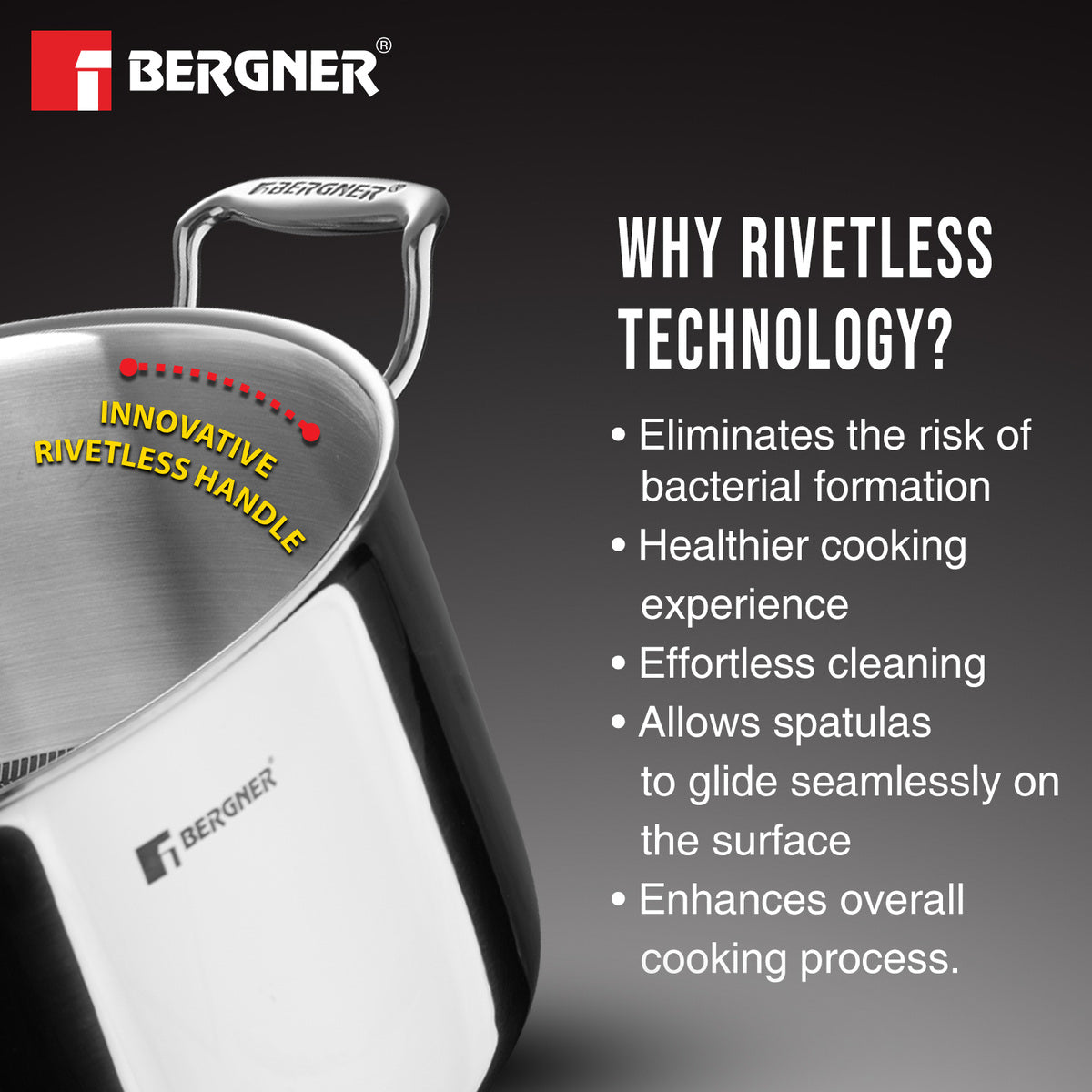 Bergner Hitech Tri-Ply Stainless Steel Non-Stick Casserole with Lid, PFOA-free, ILag Coating - Induction Bottom