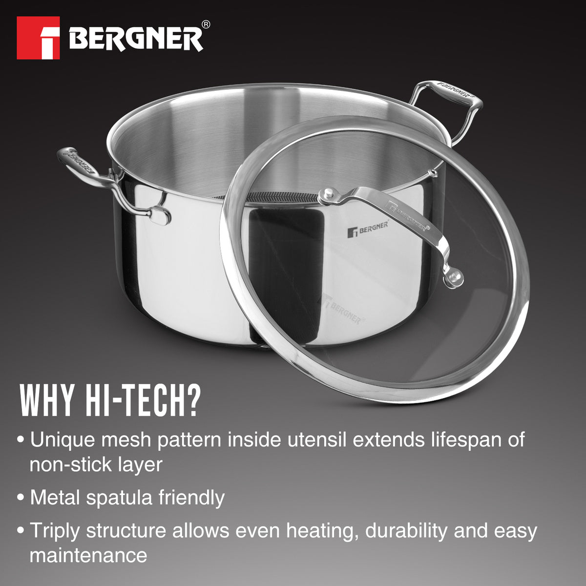 Bergner Hitech Tri-Ply Stainless Steel Non-Stick Casserole with Lid, PFOA-free, ILag Coating - Induction Bottom