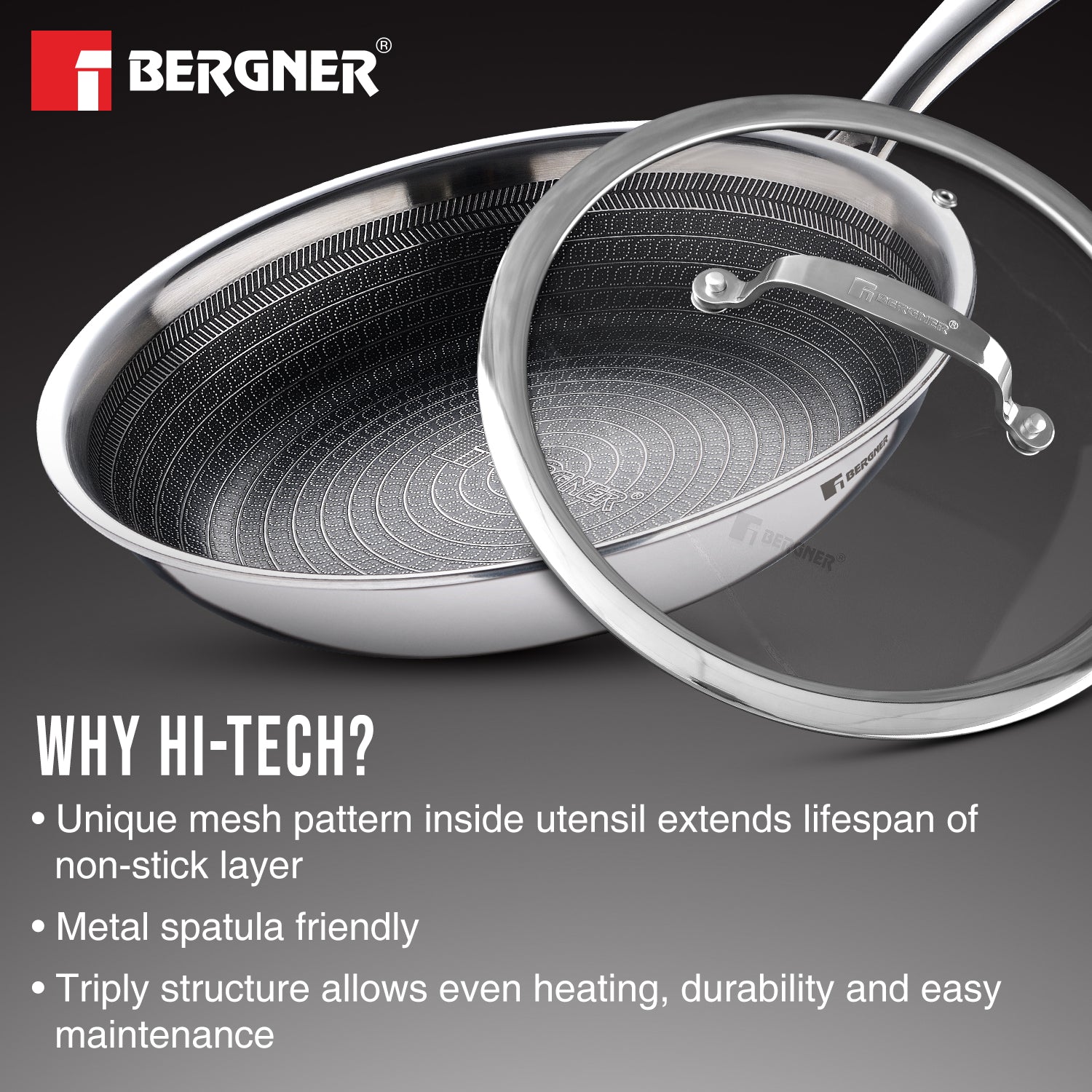 Hi-Tech Giro Triply 22cm Frypan with Glass Lid, Honeycomb Mesh