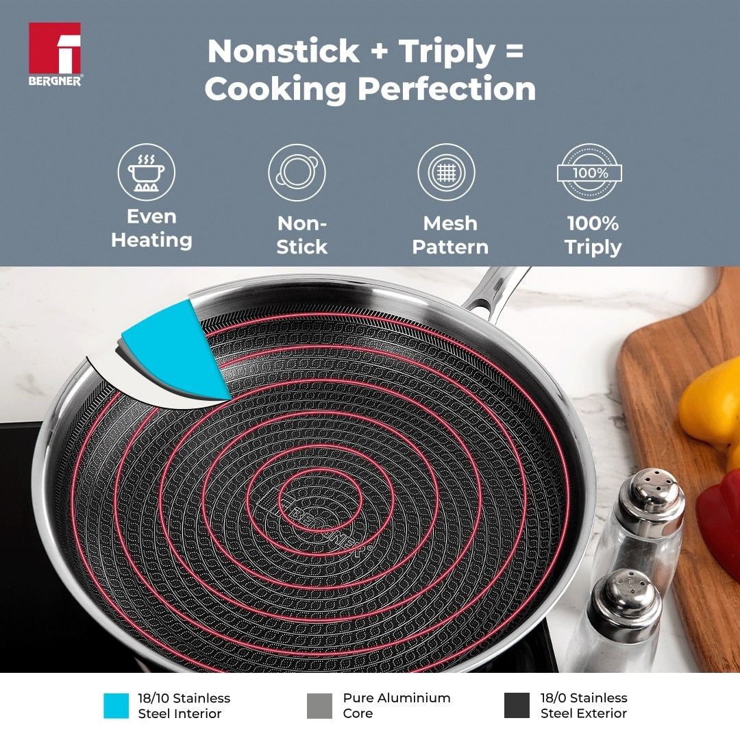 Hitech Tri-Ply Stainless Steel Non-Stick Frypan, 24cm - Induction Bottom