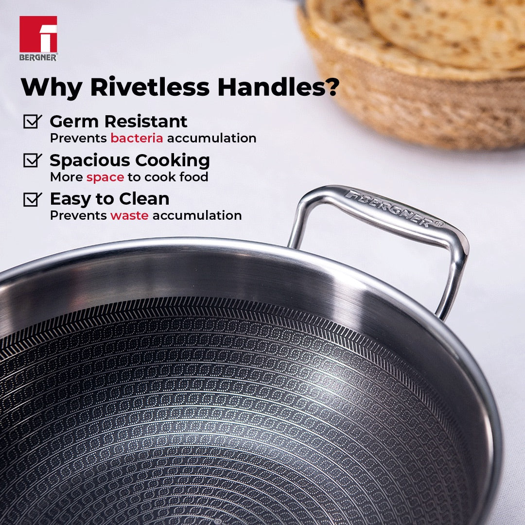Bergner Hitech Tri-Ply Stainless Steel Non-Stick Kadhai with Lid, PFOA-free, ILag Coating - Induction Bottom