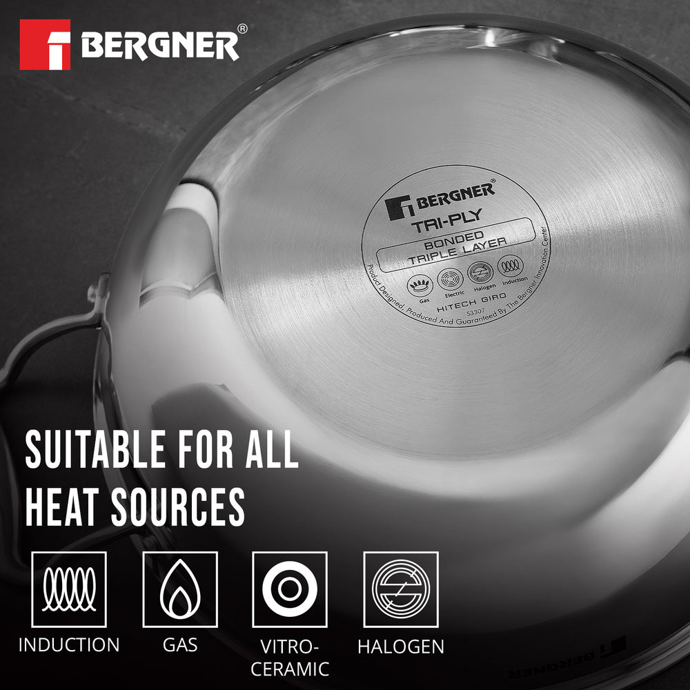 Bergner Hitech Tri-Ply Stainless Steel Non-Stick Kadhai with Lid, PFOA-free, ILag Coating - Induction Bottom