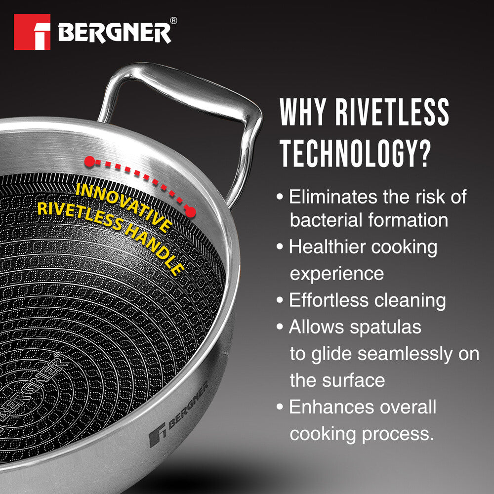 Hitech Tri-Ply Stainless Steel Non-Stick Kadhai - Induction Bottom