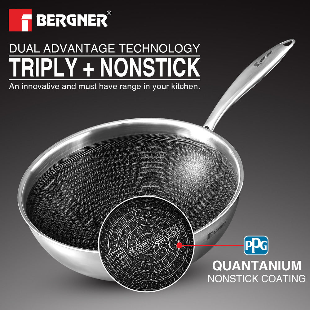 Bergner Hitech Tri-Ply Stainless Steel Non-Stick Wok with Lid, PFOA-free, ILag Coating - Induction Bottom