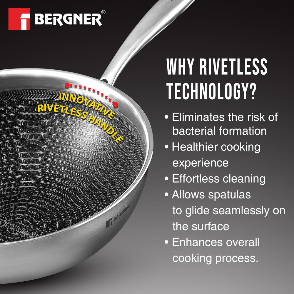 Bergner Hitech Tri-Ply Stainless Steel Non-Stick Wok with Lid, PFOA-free, ILag Coating - Induction Bottom