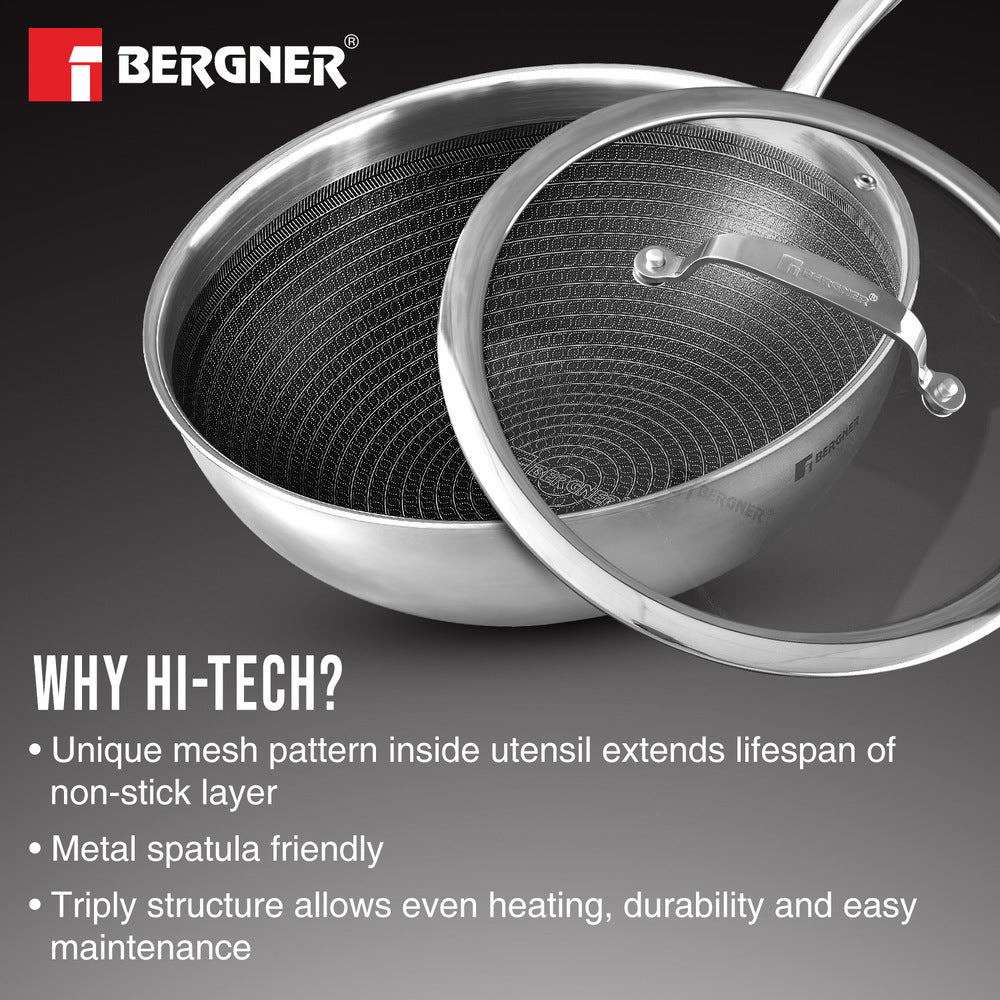 Bergner Hitech Tri-Ply Stainless Steel Non-Stick Wok with Lid, PFOA-free, ILag Coating - Induction Bottom