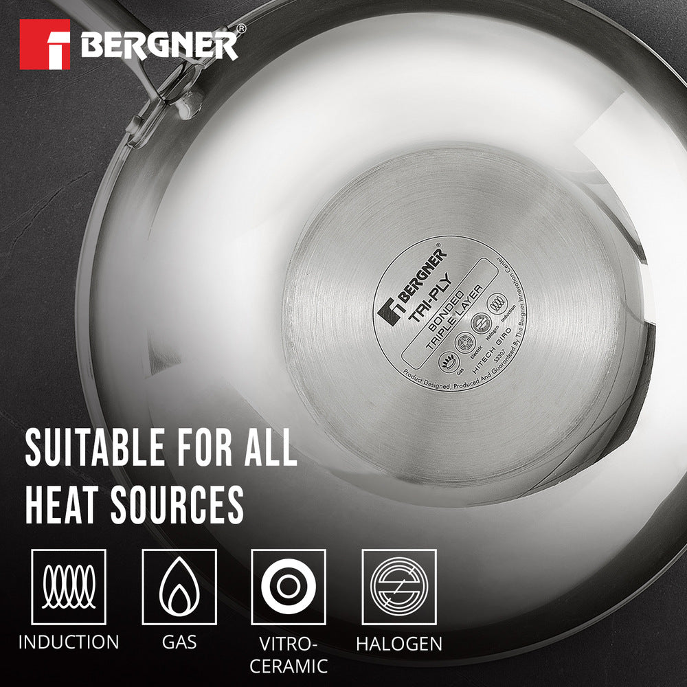 Bergner Hitech Tri-Ply Stainless Steel Non-Stick Wok with Lid, PFOA-free, ILag Coating - Induction Bottom