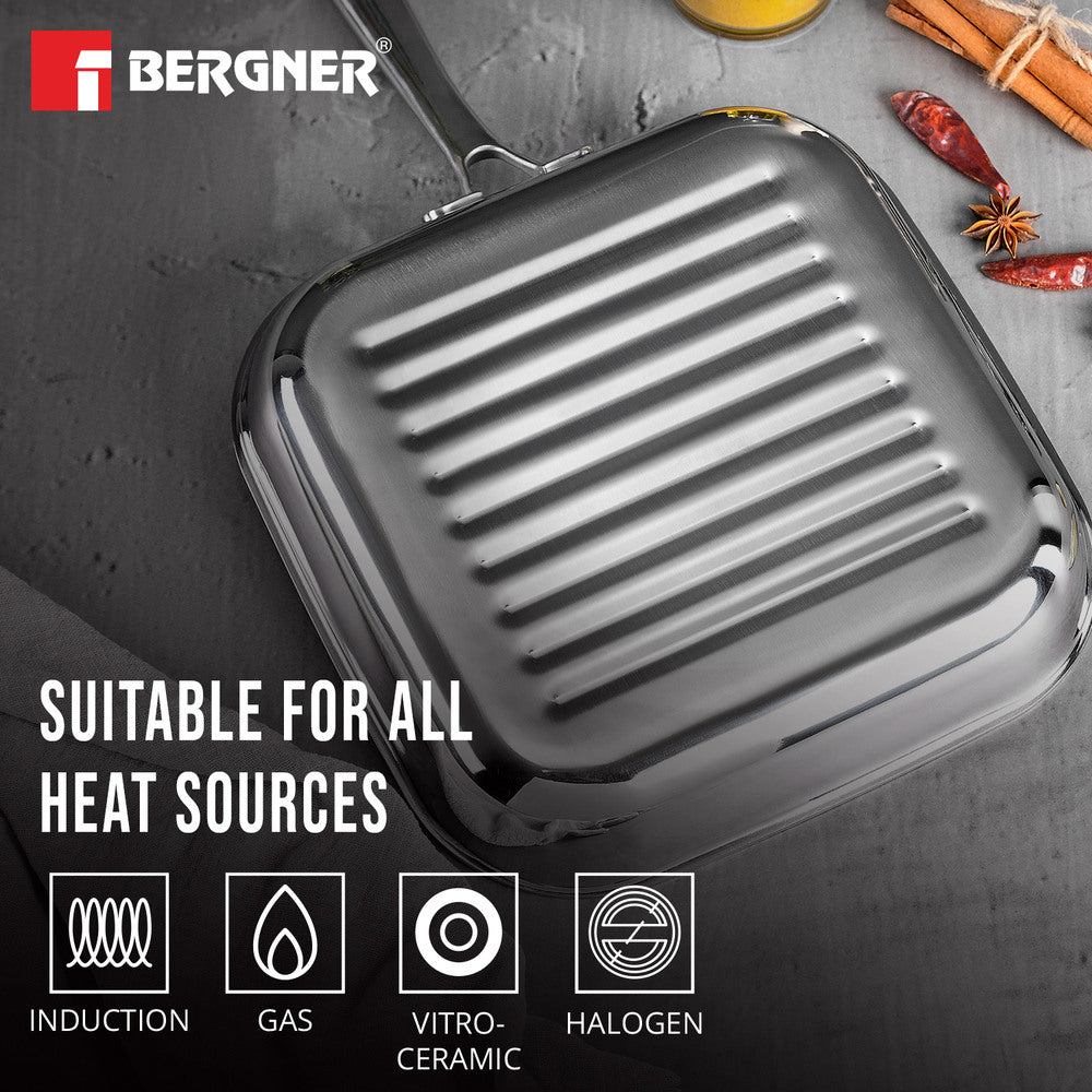 Hi-Tech Giro Tri-Ply Stainless Steel Non-Stick 24cm Grill Pan - Induction Bottom