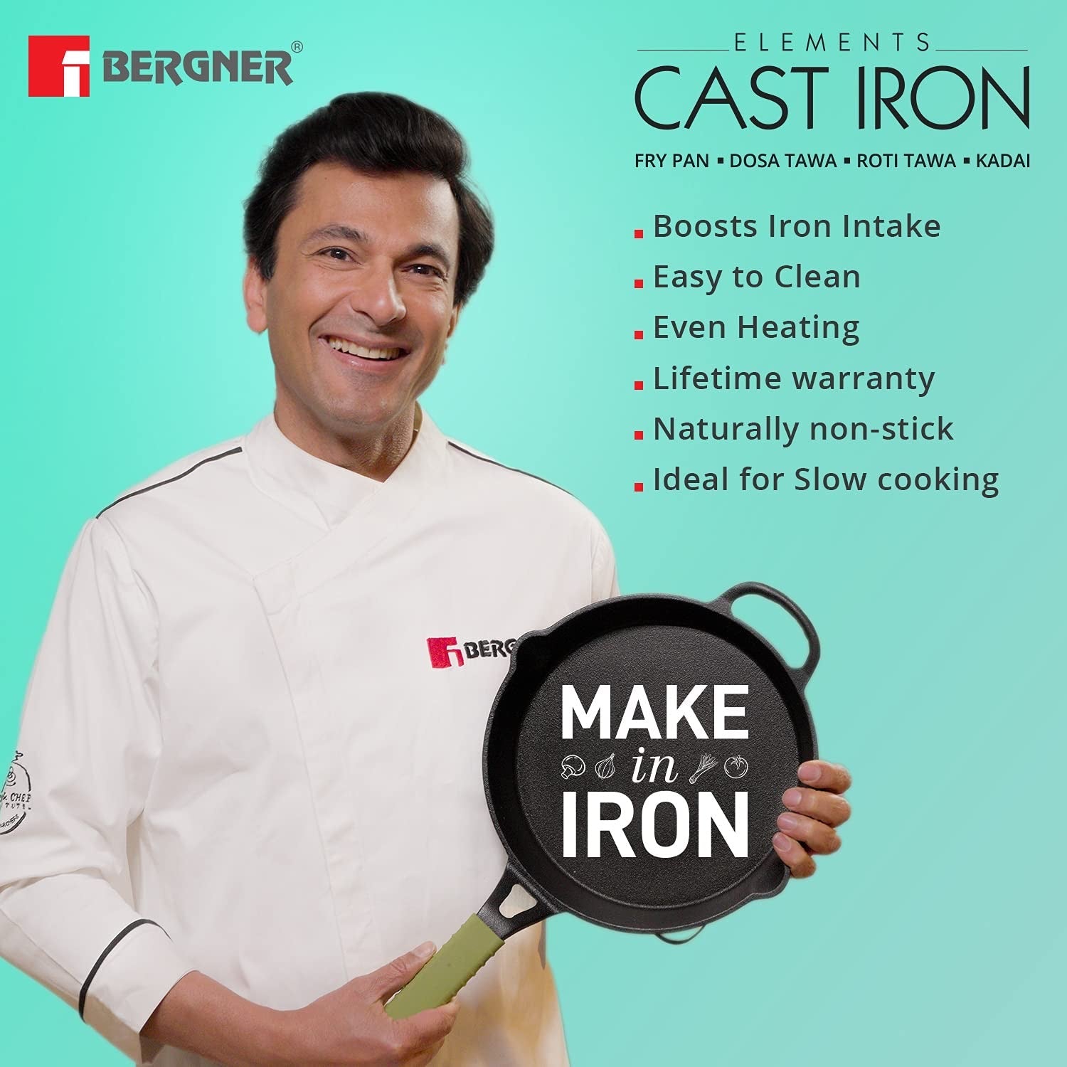 Elements Pre-Seasoned Cast Iron 26 cm Frypan - Induction Bottom