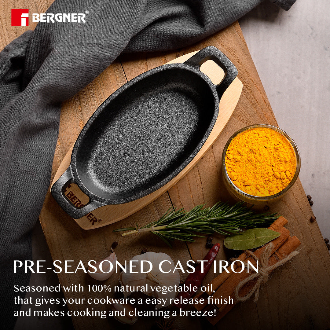 Cook & Share Cast Iron Mini Pan, Comes with Wooden Tray - Induction Bottom