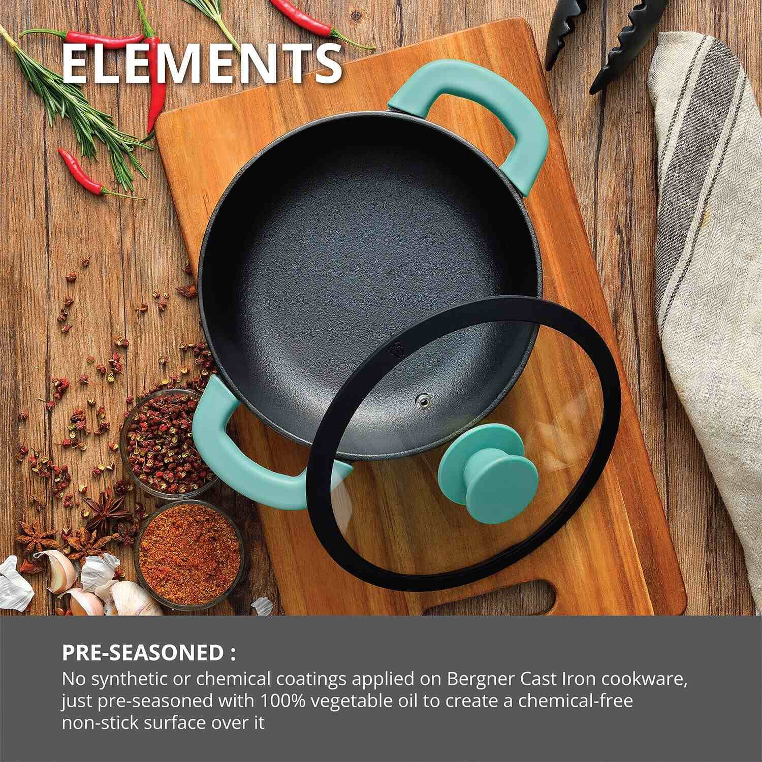 Elements Pre-Seasoned Cast Iron 20cm (2L) Casserole - Induction Compatible