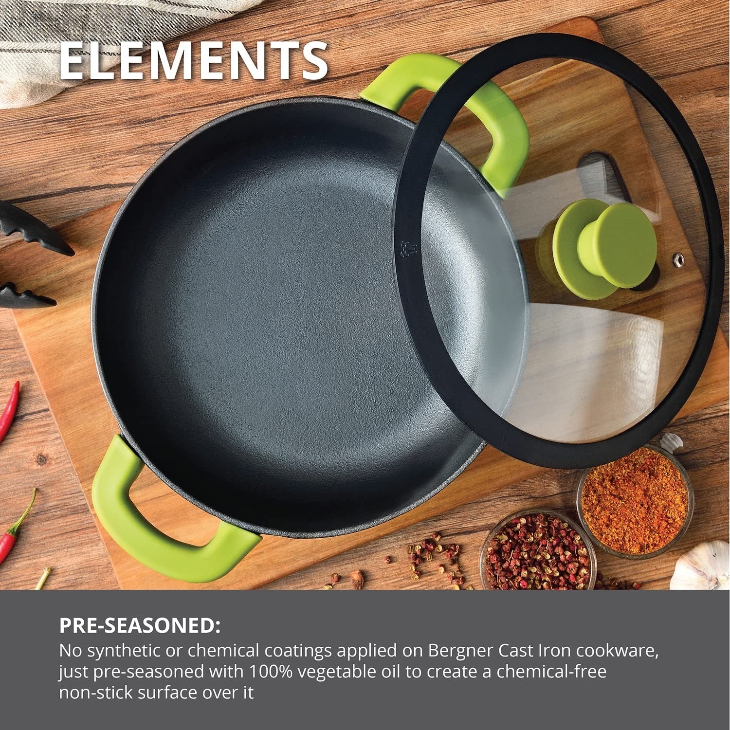 Elements Pre-Seasoned Cast Iron 24cm Casserole - Induction Compatible