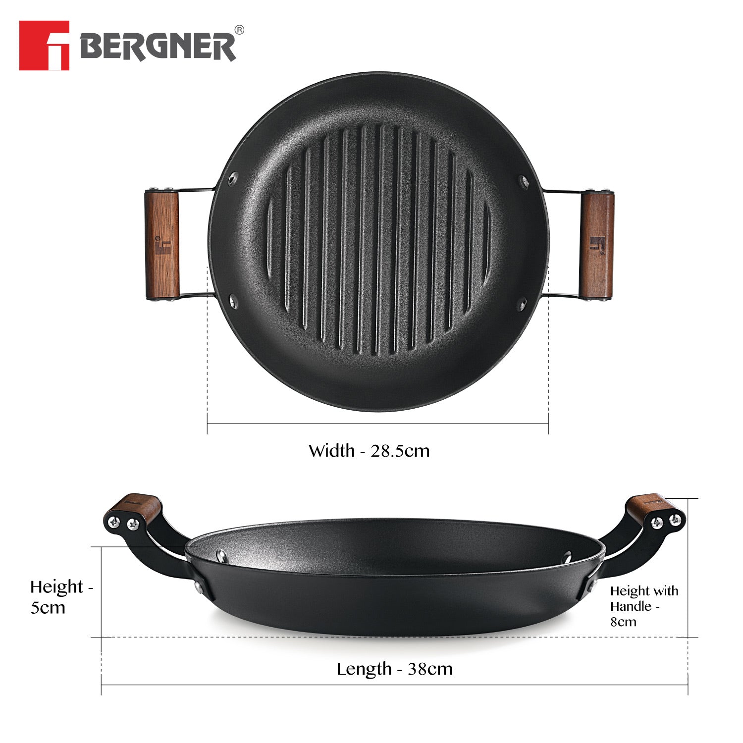 Odin 28 cm Lightweight Iron Grill Plate with Wooden Coated Handle - Induction Bottom