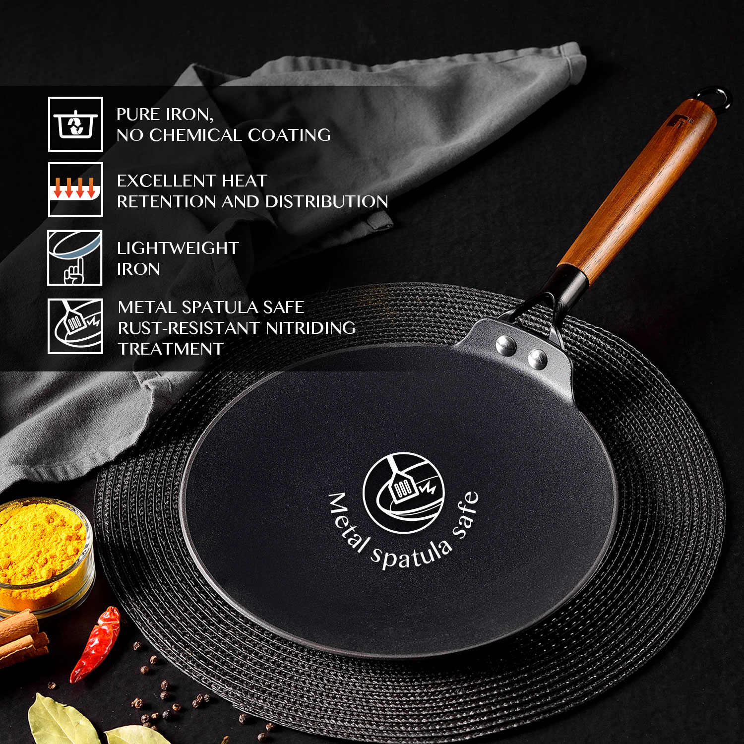 Odin Lightweight Iron 22cm Roti Tawa, Enamel Finish - Induction Bottom
