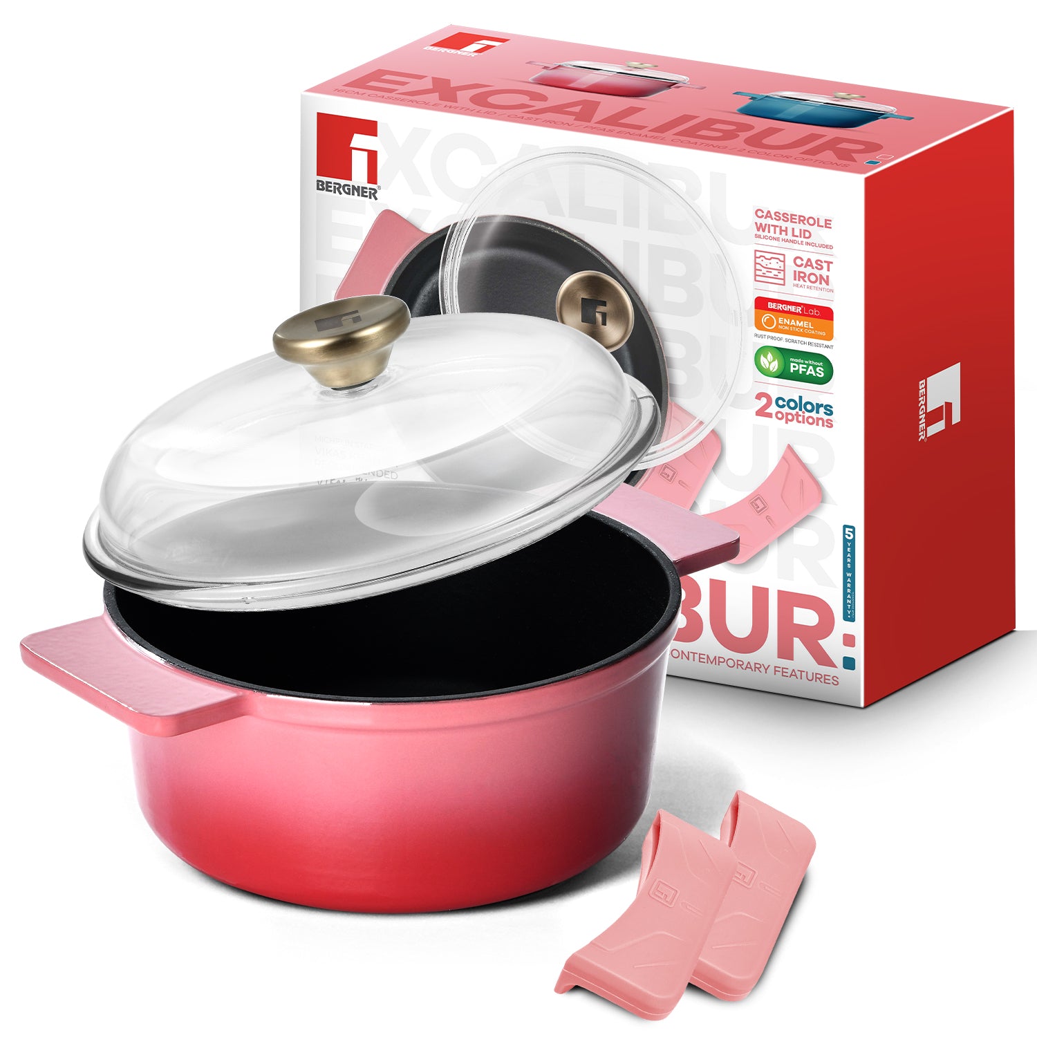 Excalibur Light Cast Iron Casserole with Lid 16cm (1.2L) - Pink