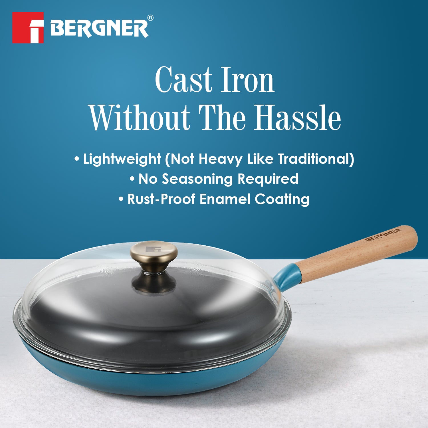 Excalibur Light Cast Iron Frypan with Lid 28cm - Induction Bottom, Blue