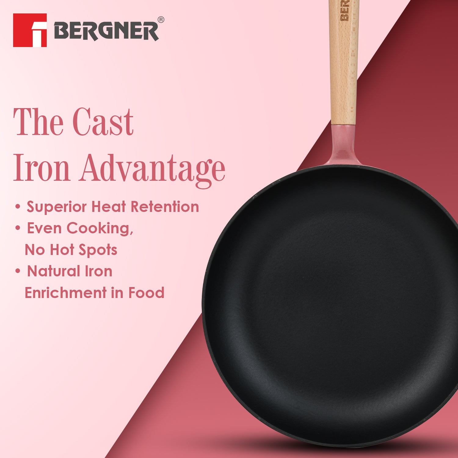 Excalibur Light Cast Iron Frypan with Lid 28cm - Induction Bottom, Pink