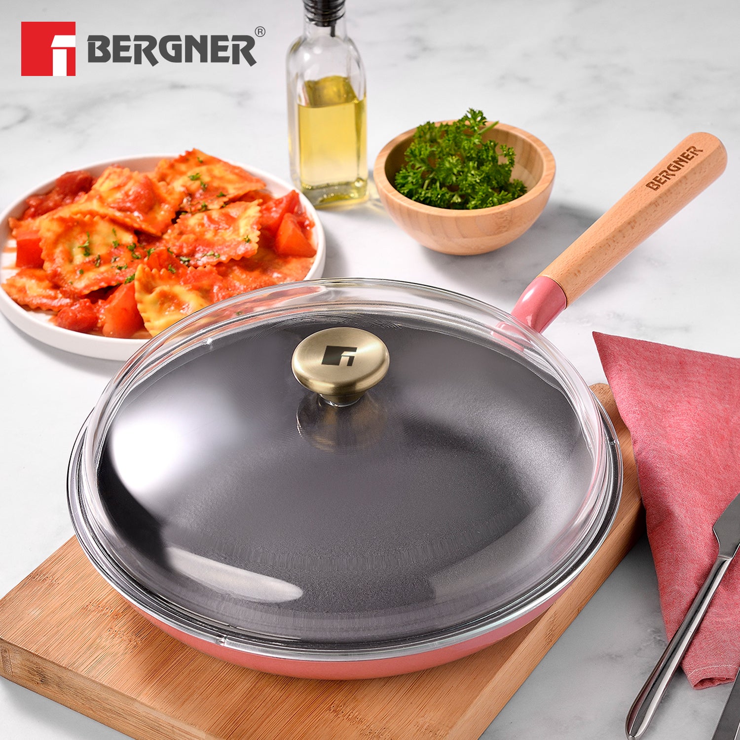 Excalibur Light Cast Iron Frypan with Lid 28cm - Induction Bottom, Pink