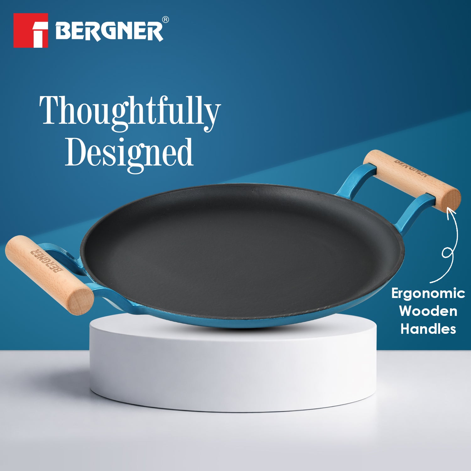 Excalibur Light Cast Iron Dosa Tawa 28cm with Double Sided Handle -Blue