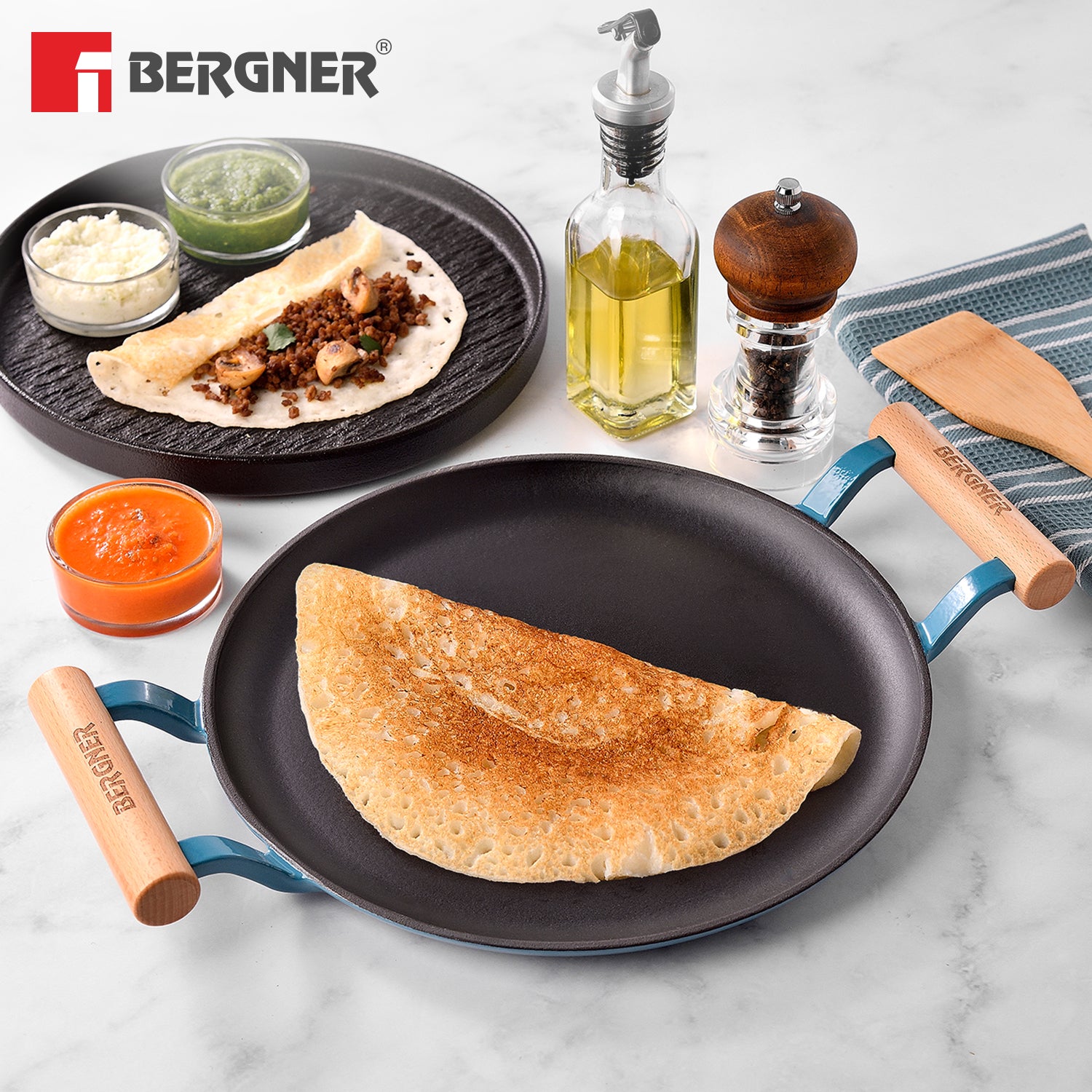 Excalibur Light Cast Iron Dosa Tawa 28cm with Double Sided Handle -Blue