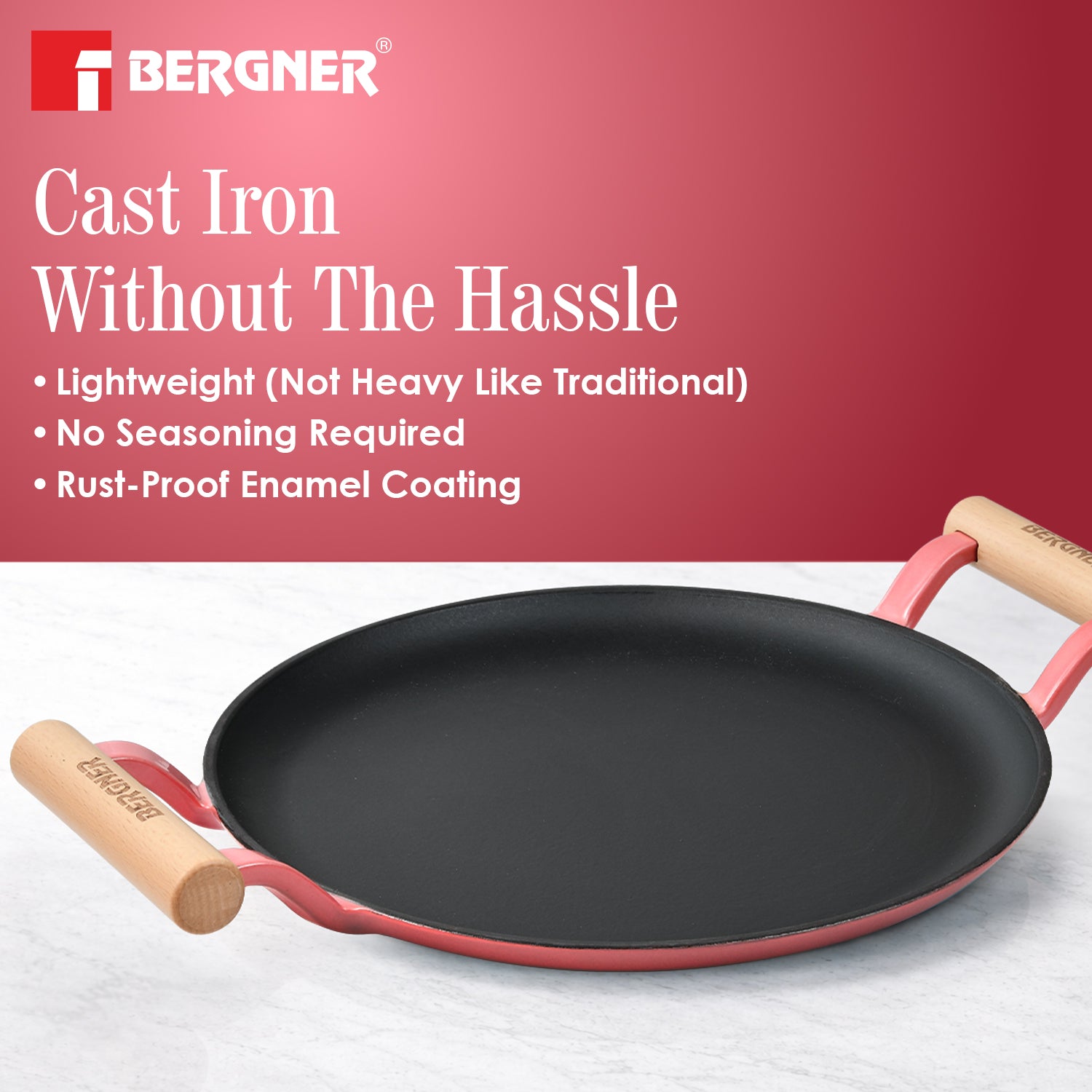 Excalibur Light Cast Iron Dosa Tawa 28cm with Double Sided Handle - Pink