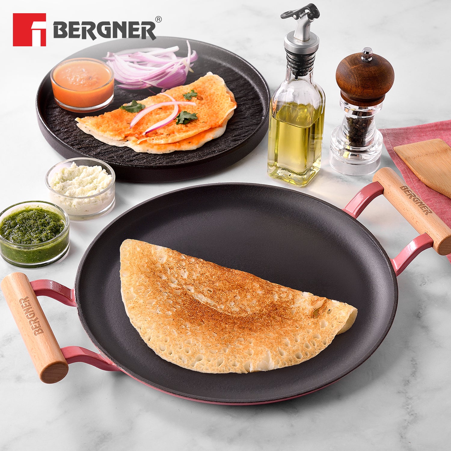 Excalibur Light Cast Iron Dosa Tawa 28cm with Double Sided Handle - Pink