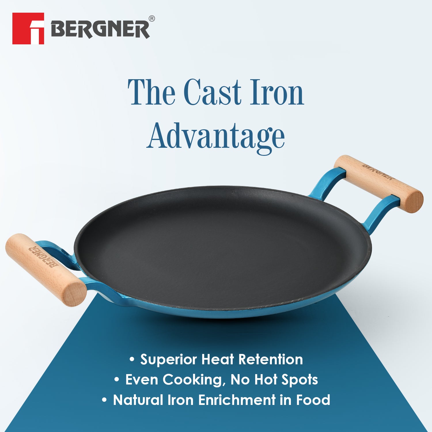 Excalibur Light Cast Iron Dosa Tawa 30cm with Double Sided Handle - Blue