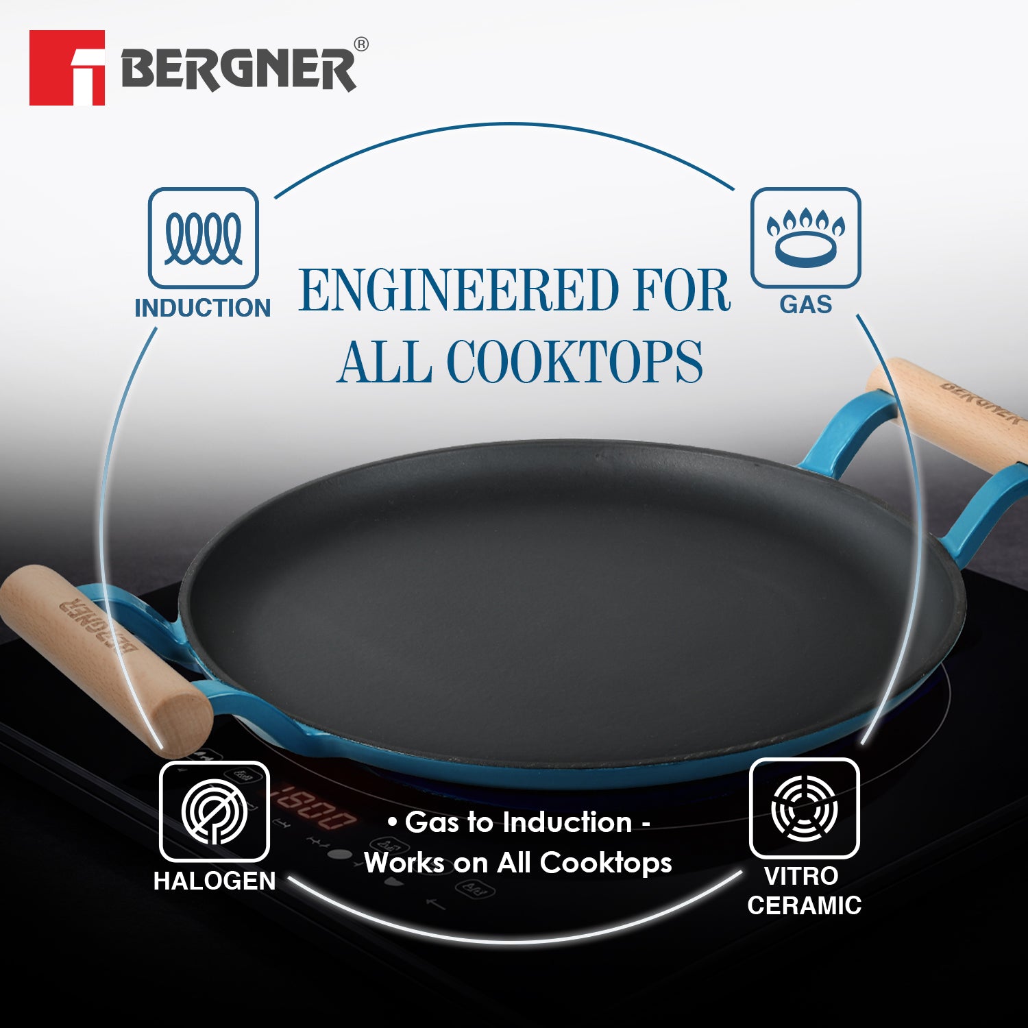 Excalibur Light Cast Iron Dosa Tawa 30cm with Double Sided Handle - Blue