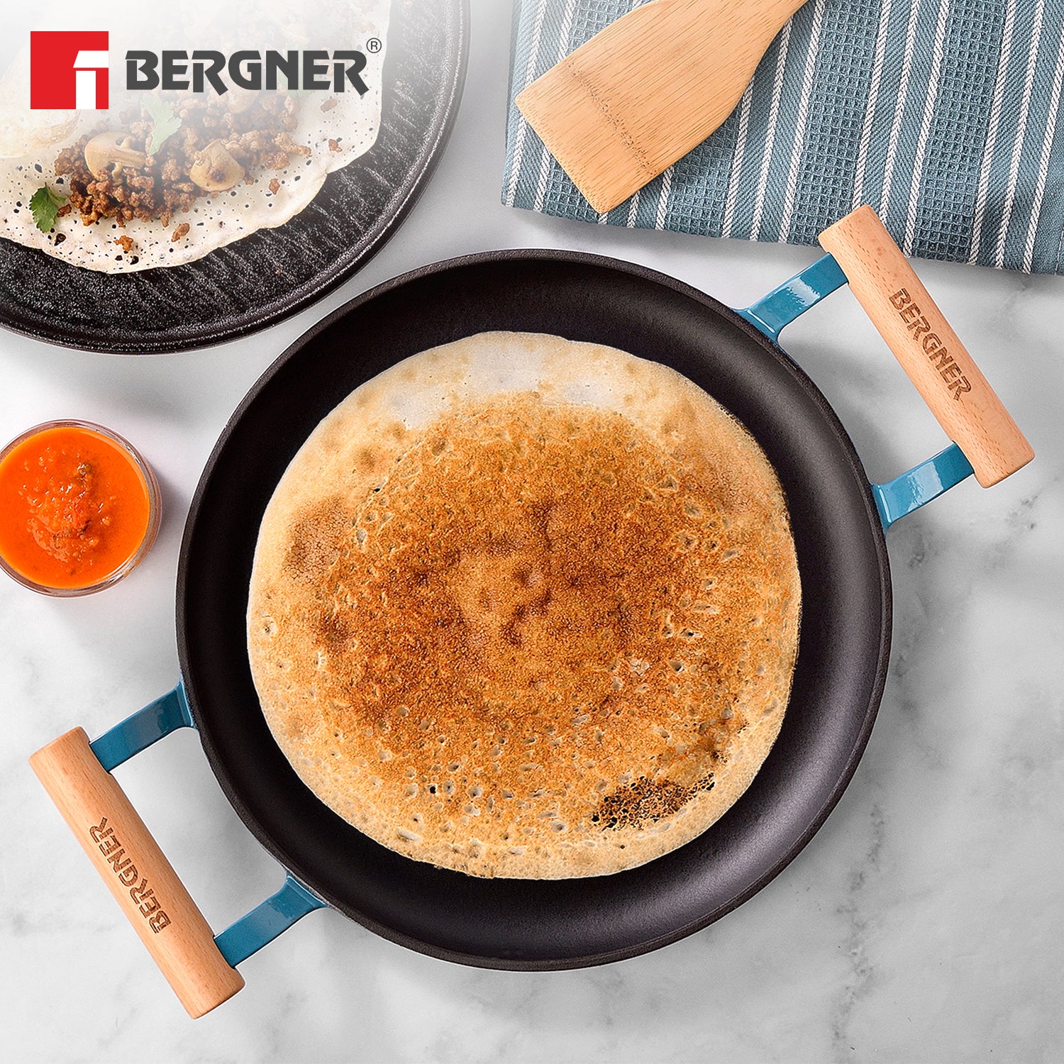 Excalibur Light Cast Iron Dosa Tawa 30cm with Double Sided Handle - Blue