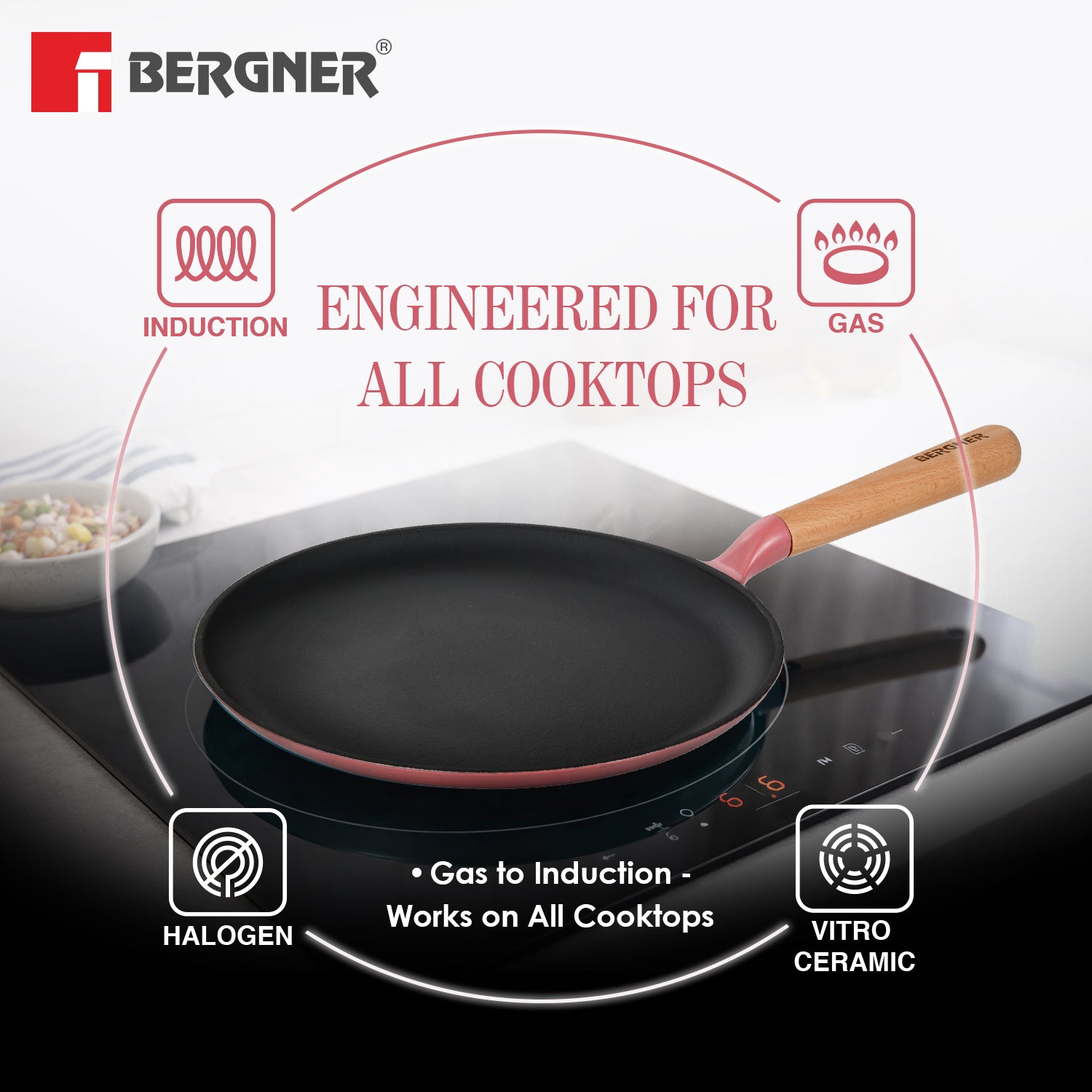 Excalibur Light Cast Iron Dosa Tawa 28cm - Induction Bottom, Pink