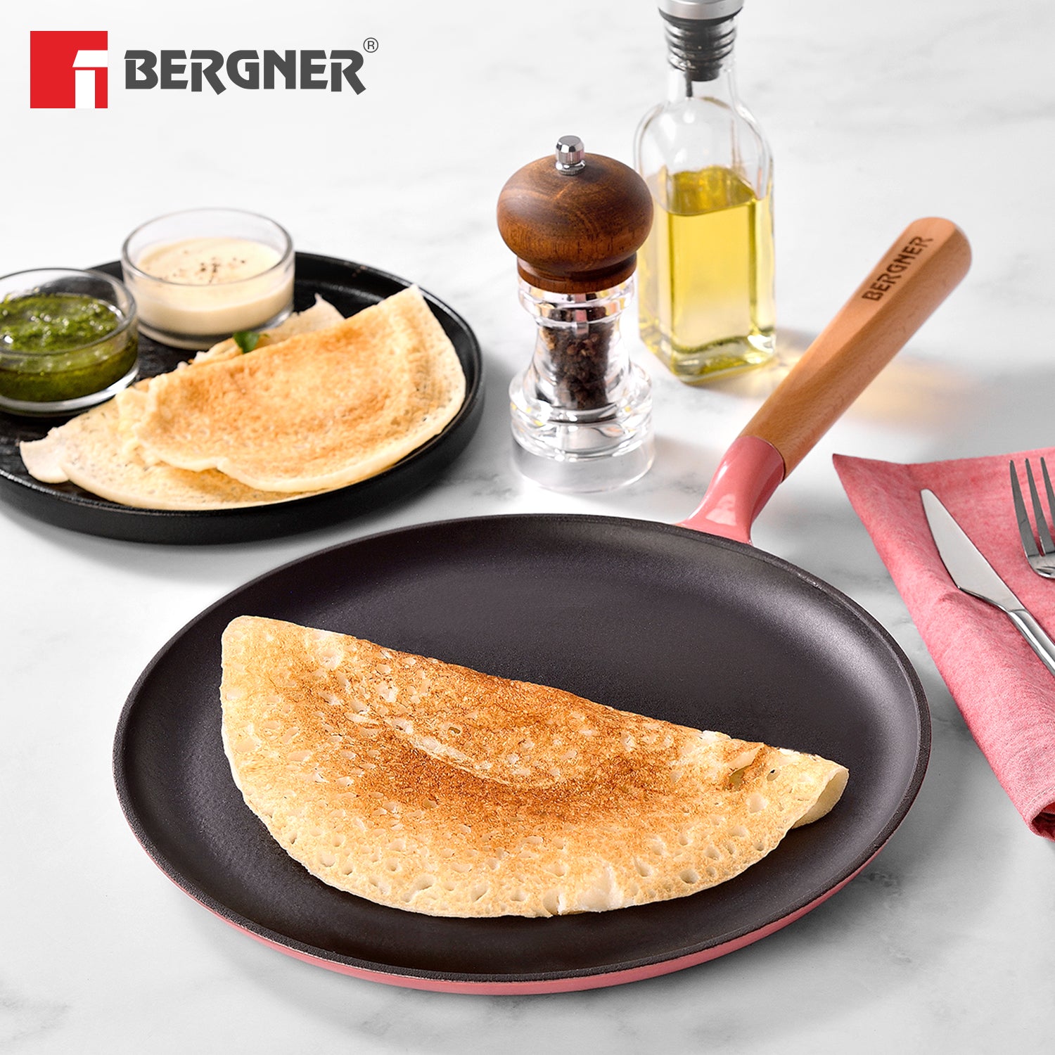 Excalibur Light Cast Iron Dosa Tawa 28cm - Induction Bottom, Pink