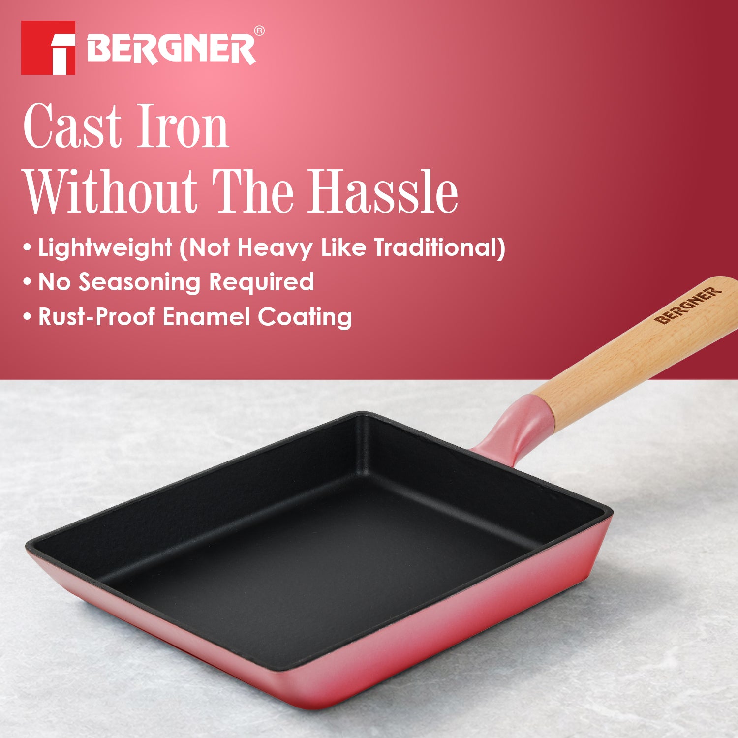 Excalibur Light Cast Iron 23x18cm Square Pan - Induction Bottom, Pink