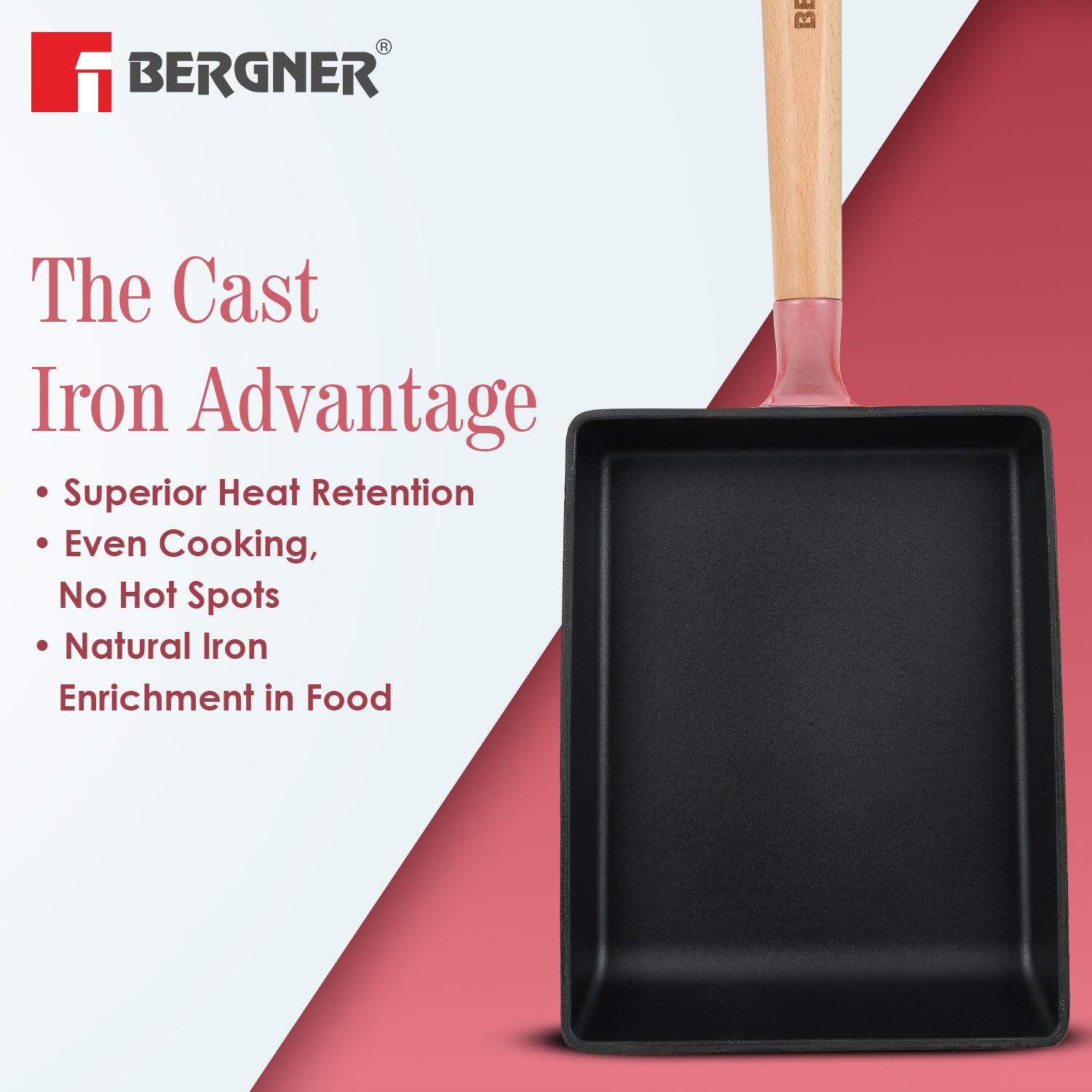 Excalibur Light Cast Iron 23x18cm Square Pan - Induction Bottom, Pink