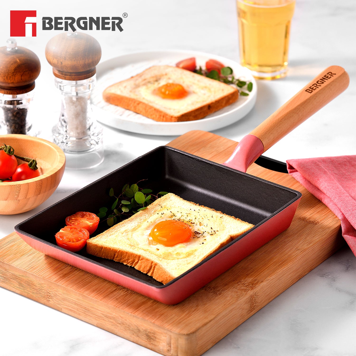 Excalibur Light Cast Iron 23x18cm Square Pan - Induction Bottom, Pink