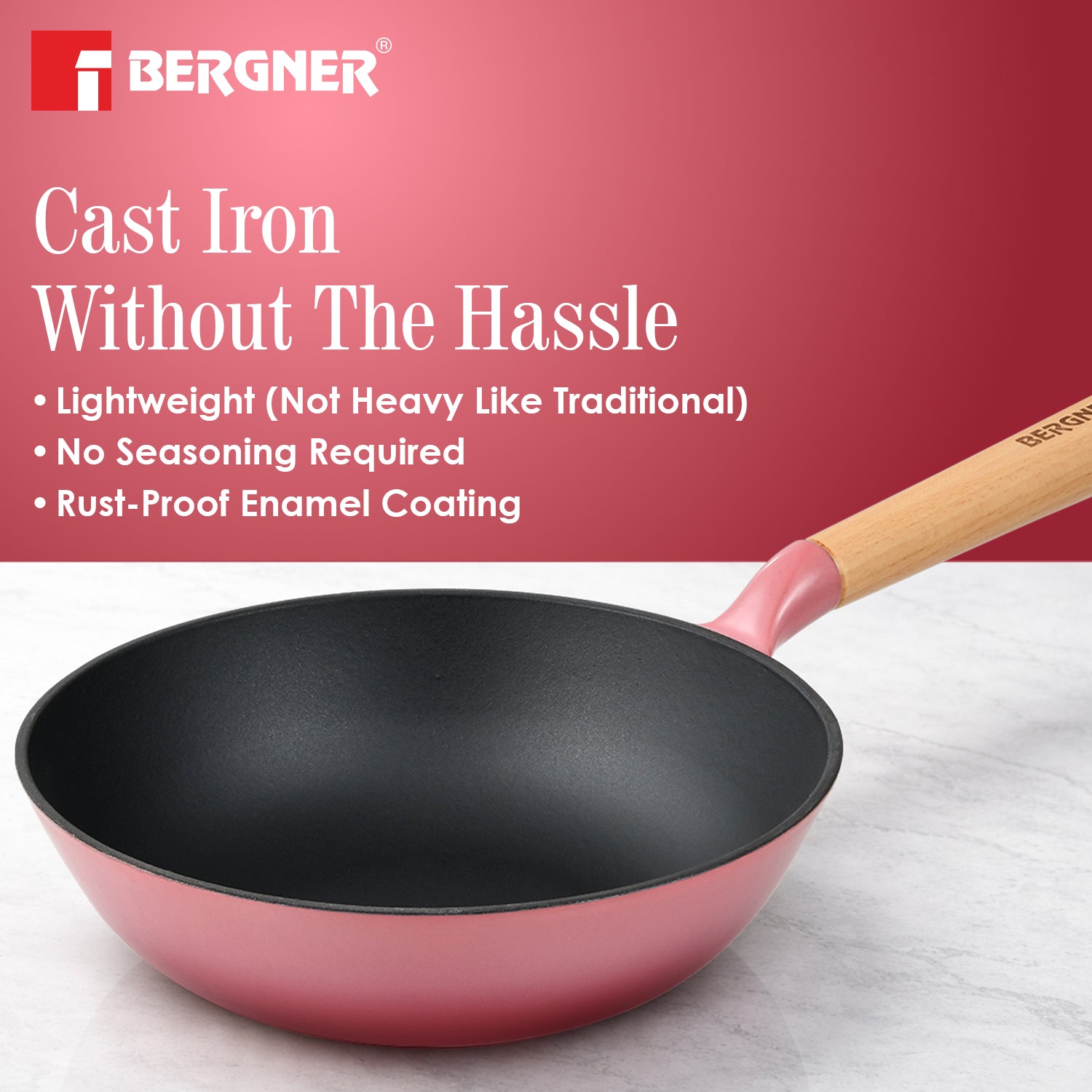 Excalibur Light Cast Iron 24cm (2L) Wok - Induction Bottom, Pink