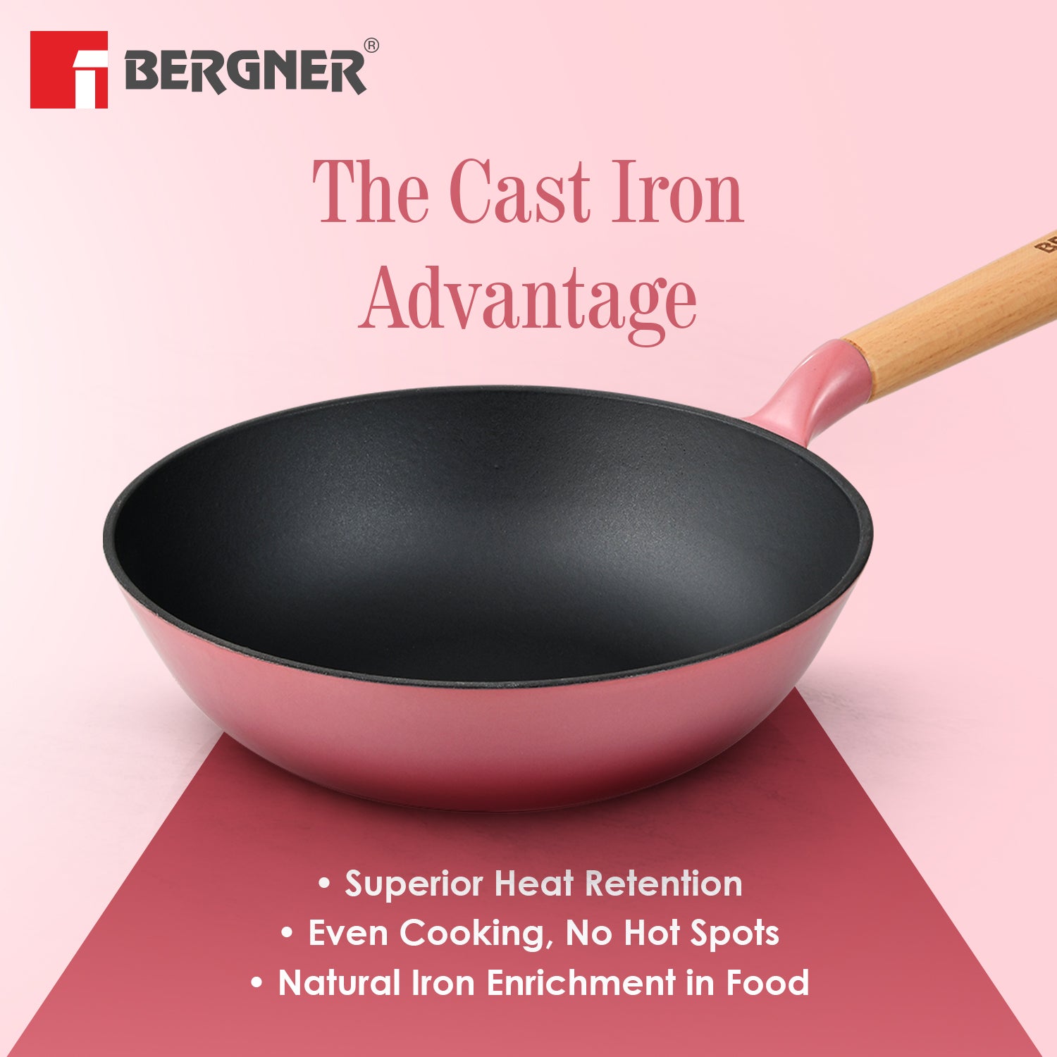 Excalibur Light Cast Iron 24cm (2L) Wok - Induction Bottom, Pink
