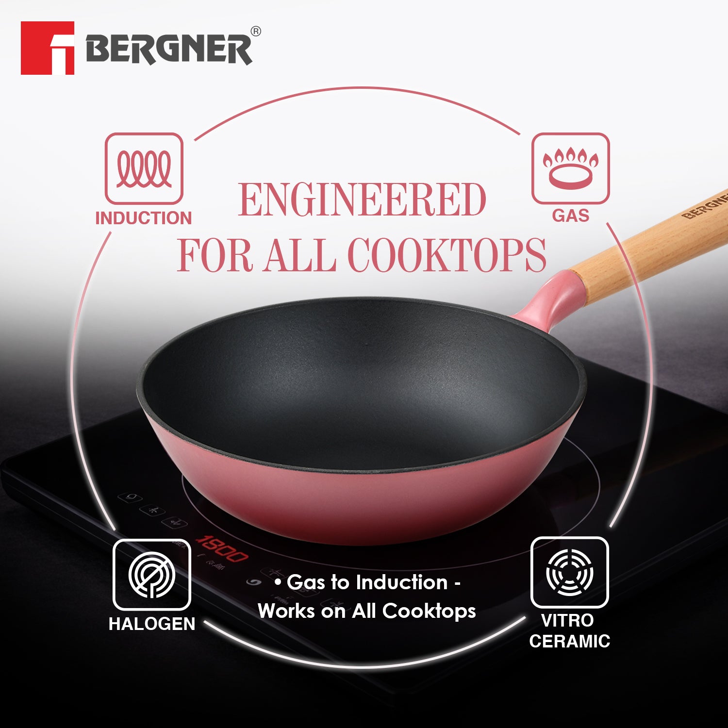 Excalibur Light Cast Iron 24cm (2L) Wok - Induction Bottom, Pink