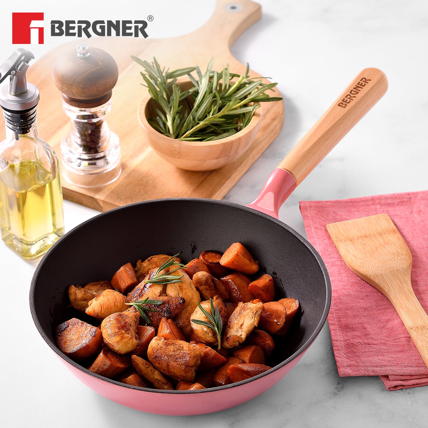 Excalibur Light Cast Iron 24cm (2L) Wok - Induction Bottom, Pink