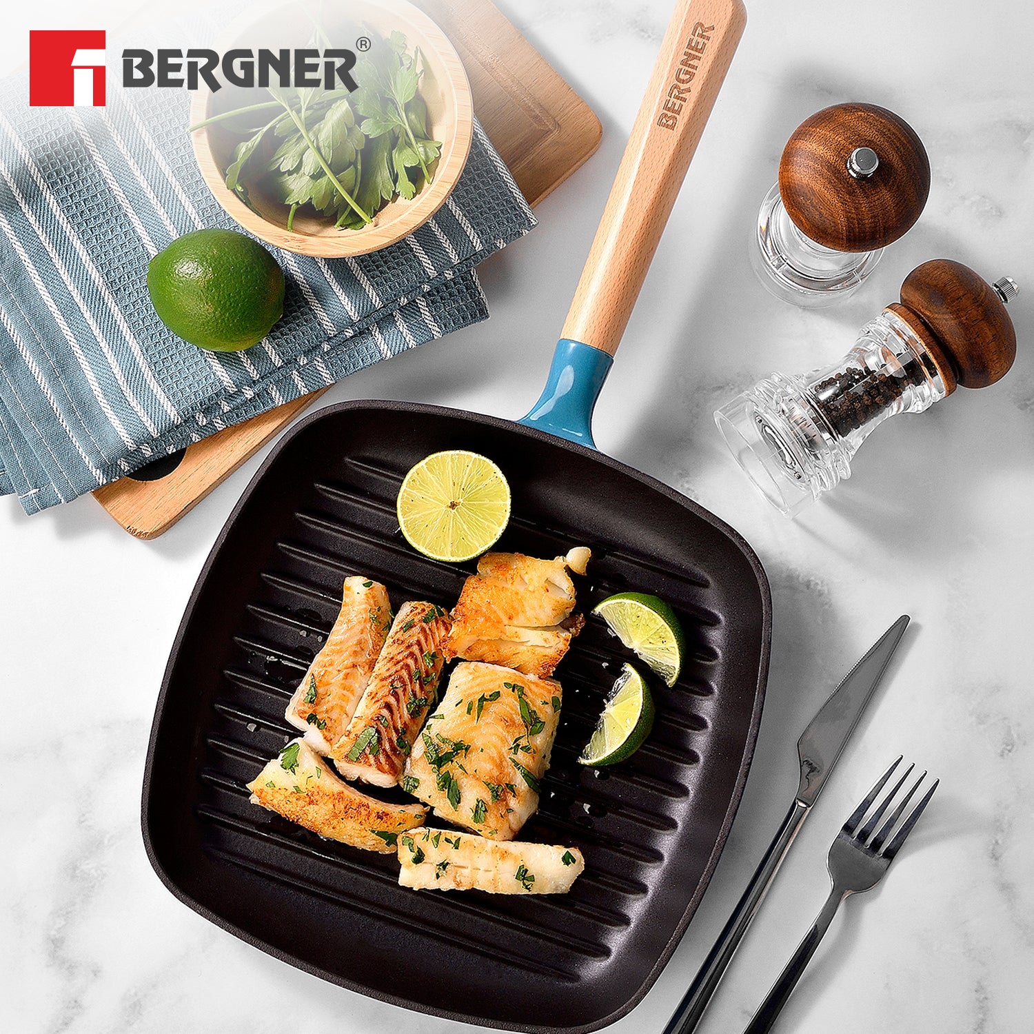 Excalibur Light Cast Iron 24cm Square Grill Pan - Induction Bottom, Blue