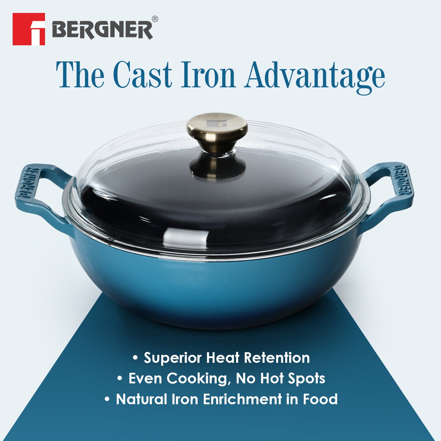 Excalibur Light Cast Iron 24cm (2.5L) Kadai with Lid - Induction Bottom, Blue