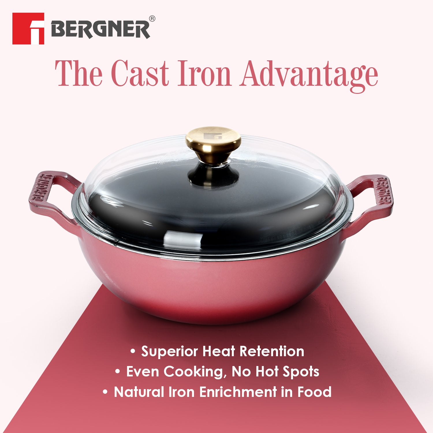 Excalibur Light Cast Iron 24cm (2.5L) Kadai with Lid - Induction Bottom, Pink