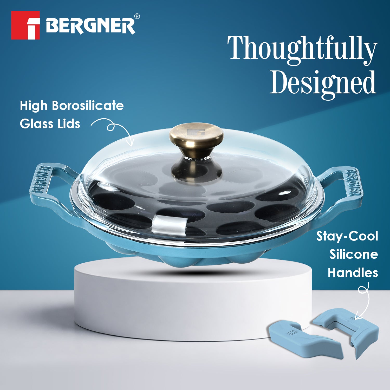 Excalibur Light Cast Iron 22cm Paniyarakal with Lid - Induction Bottom, Blue