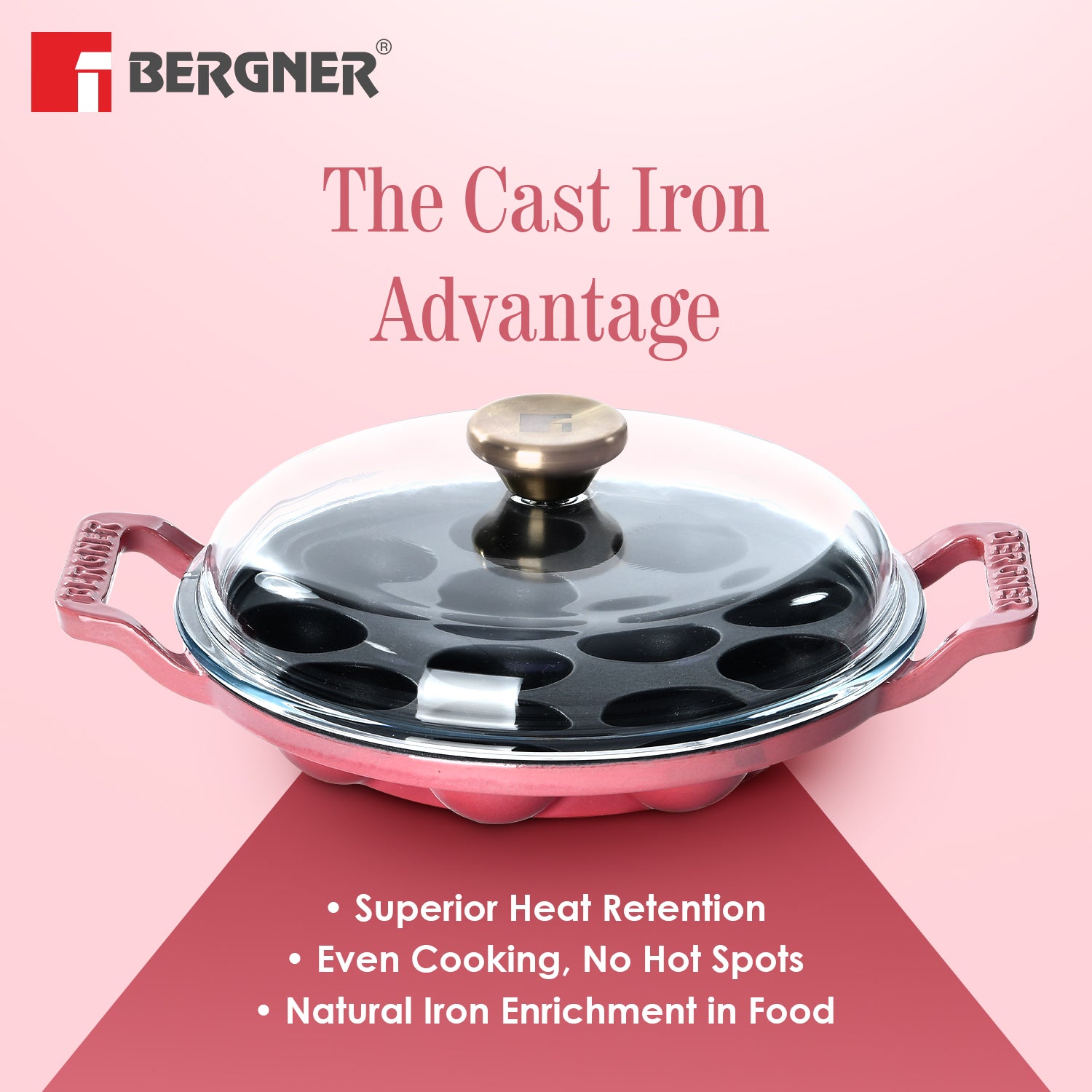 Excalibur Light Cast Iron 22cm Paniyarakal with Lid - Induction Bottom, Pink