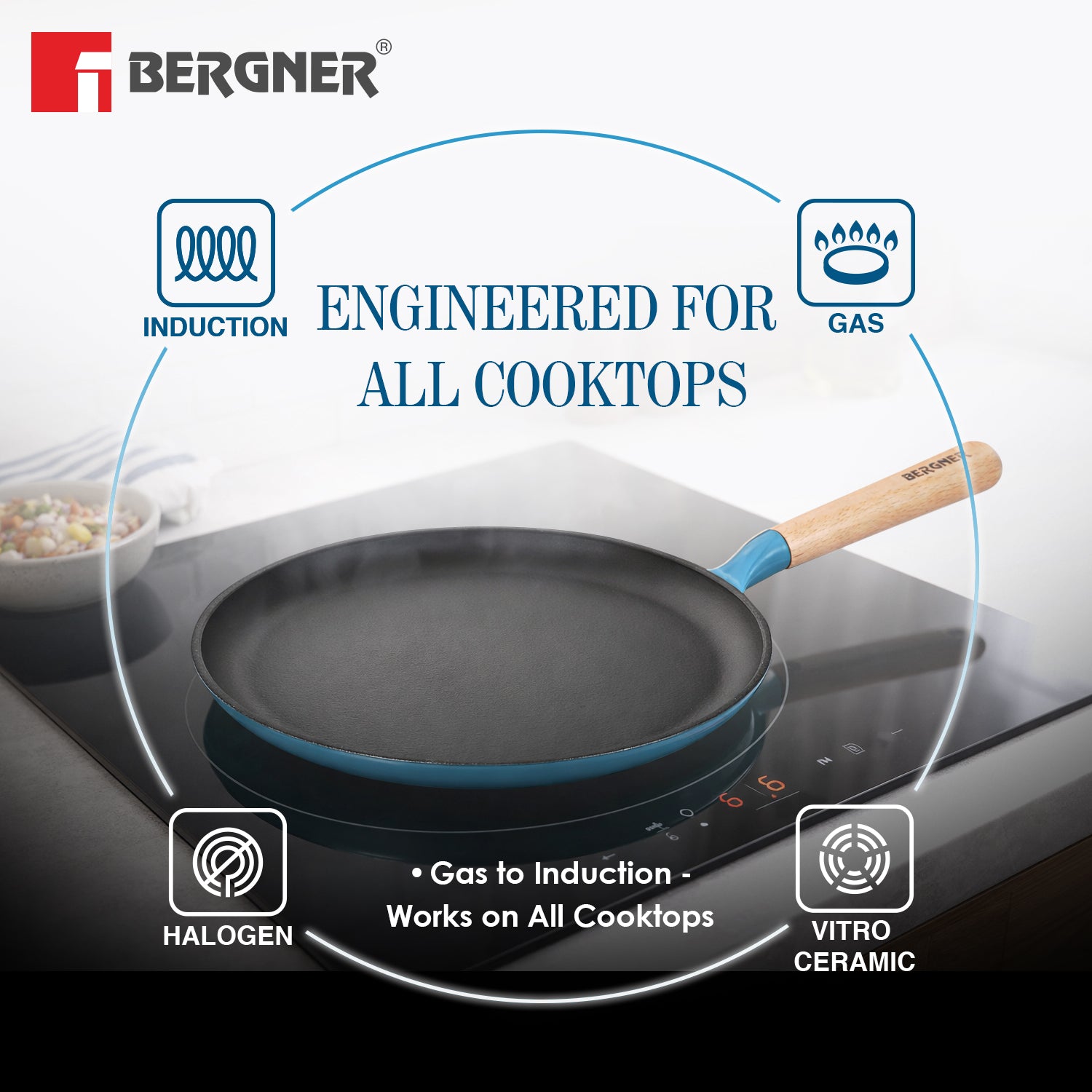 Excalibur Light Cast Iron Dosa Tawa 30cm - Induction Bottom, Blue