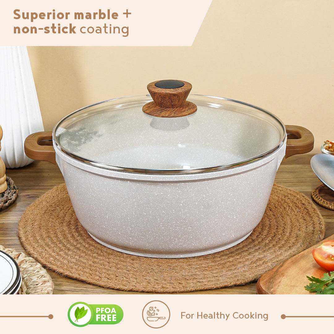 Bergner Naturally Cast Aluminum Casserole with Glass Lid, Non-Stick Casserole with Marble Coating, Comes with Non-Woven Trivet - Induction Bottom