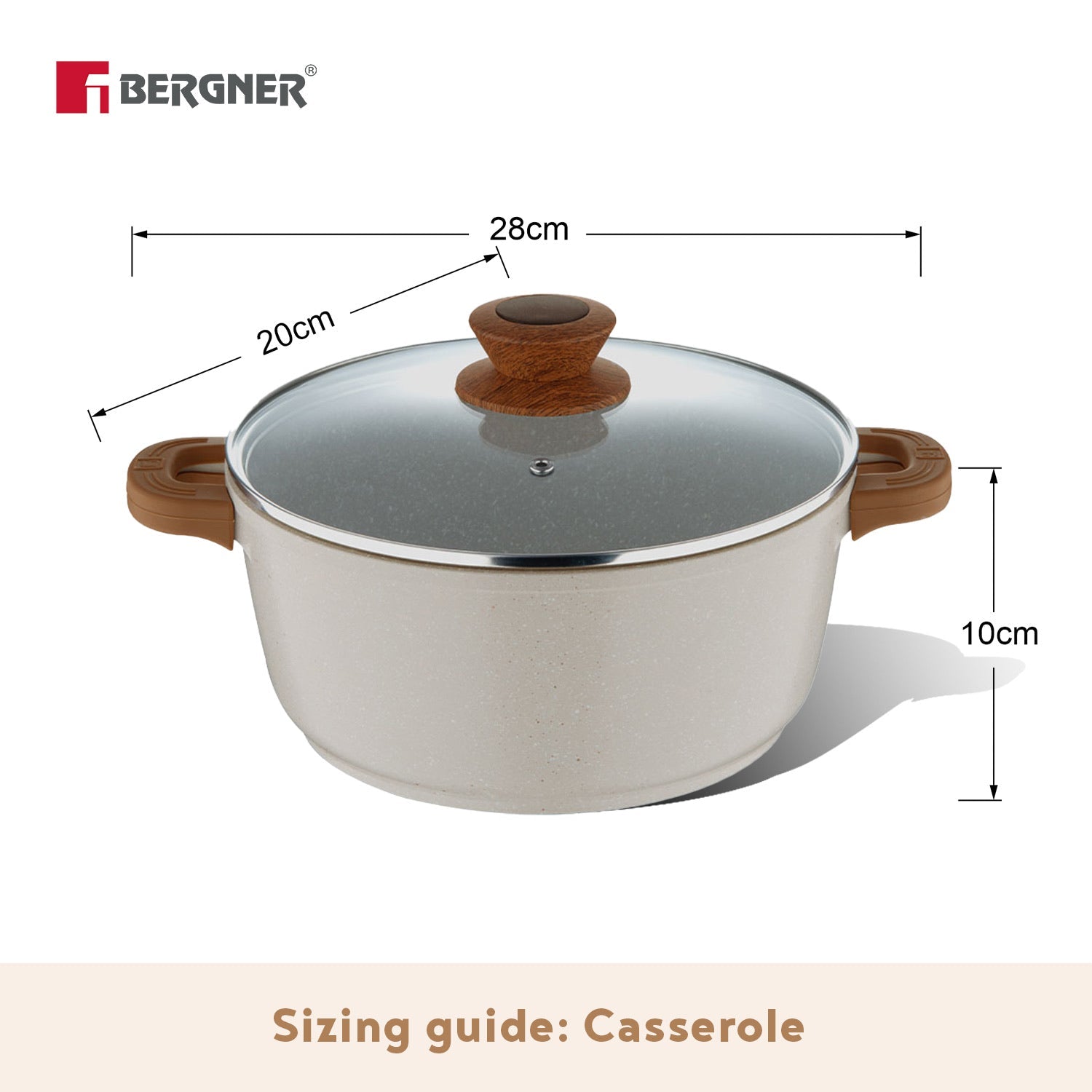 Bergner Naturally Cast Aluminum Casserole with Glass Lid, Non-Stick Casserole with Marble Coating, Comes with Non-Woven Trivet - Induction Bottom