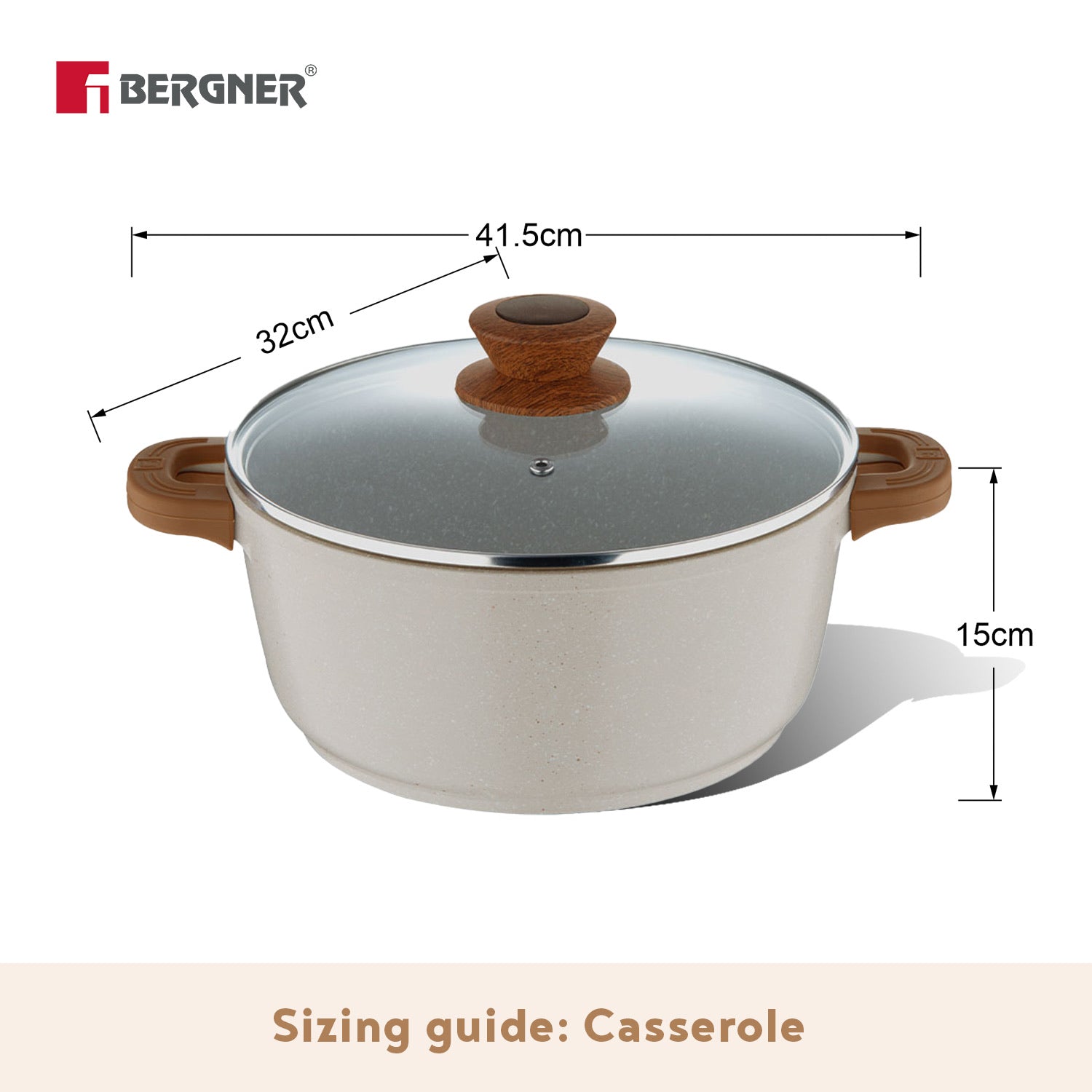 Bergner Naturally Cast Aluminum Casserole with Glass Lid, Non-Stick Casserole with Marble Coating, Comes with Non-Woven Trivet - Induction Bottom