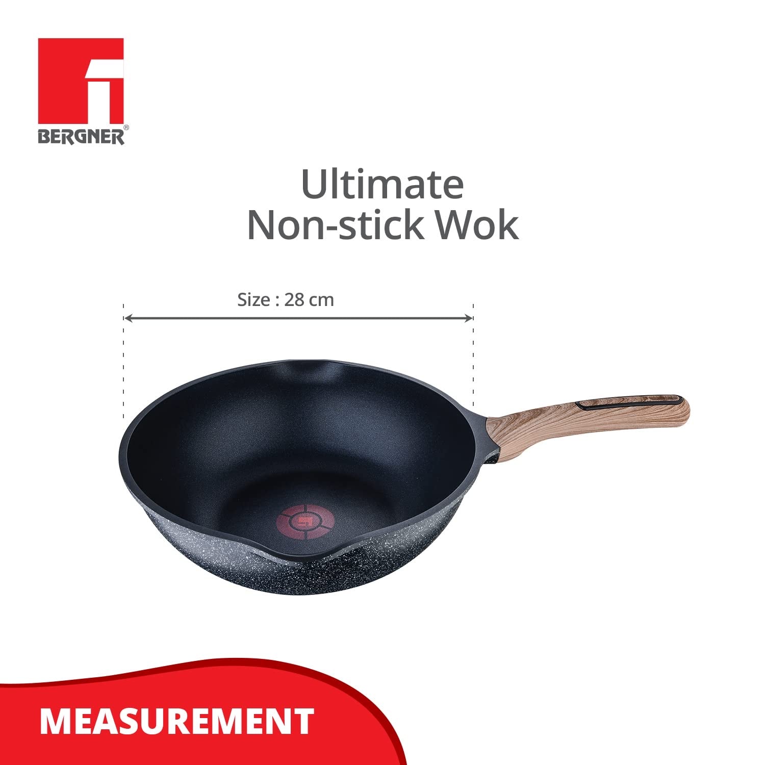 Bergner Ultimate ILag Marble Non-Stick Wok 30cm, 4.6 Liters, Induction Bottom, Wooden Soft Touch Handle, Thickness 4.5mm (Grey)